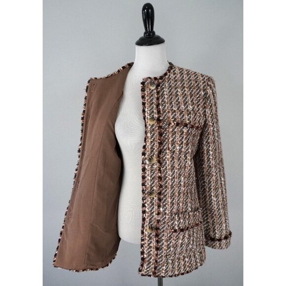 Ann Taylor Brown Fringe Knit Gold Metallic Button Up Textured Blazer Jacket 12 - Picture 7 of 9